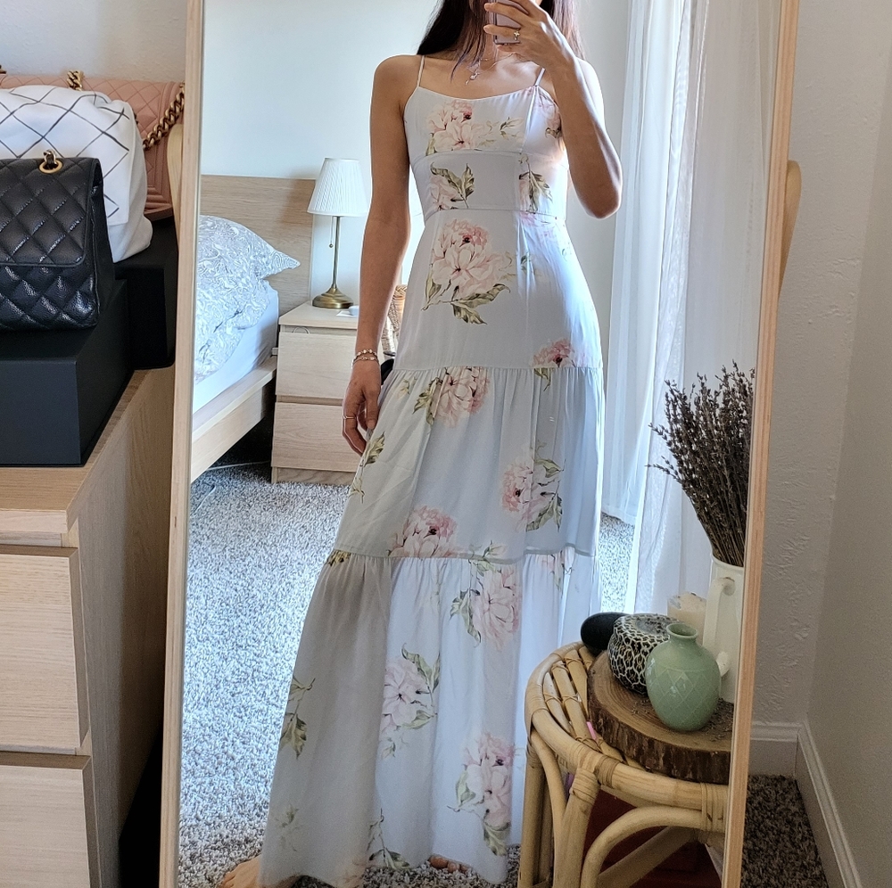 Intermix silk floral pale blue maxi tiered slip dress